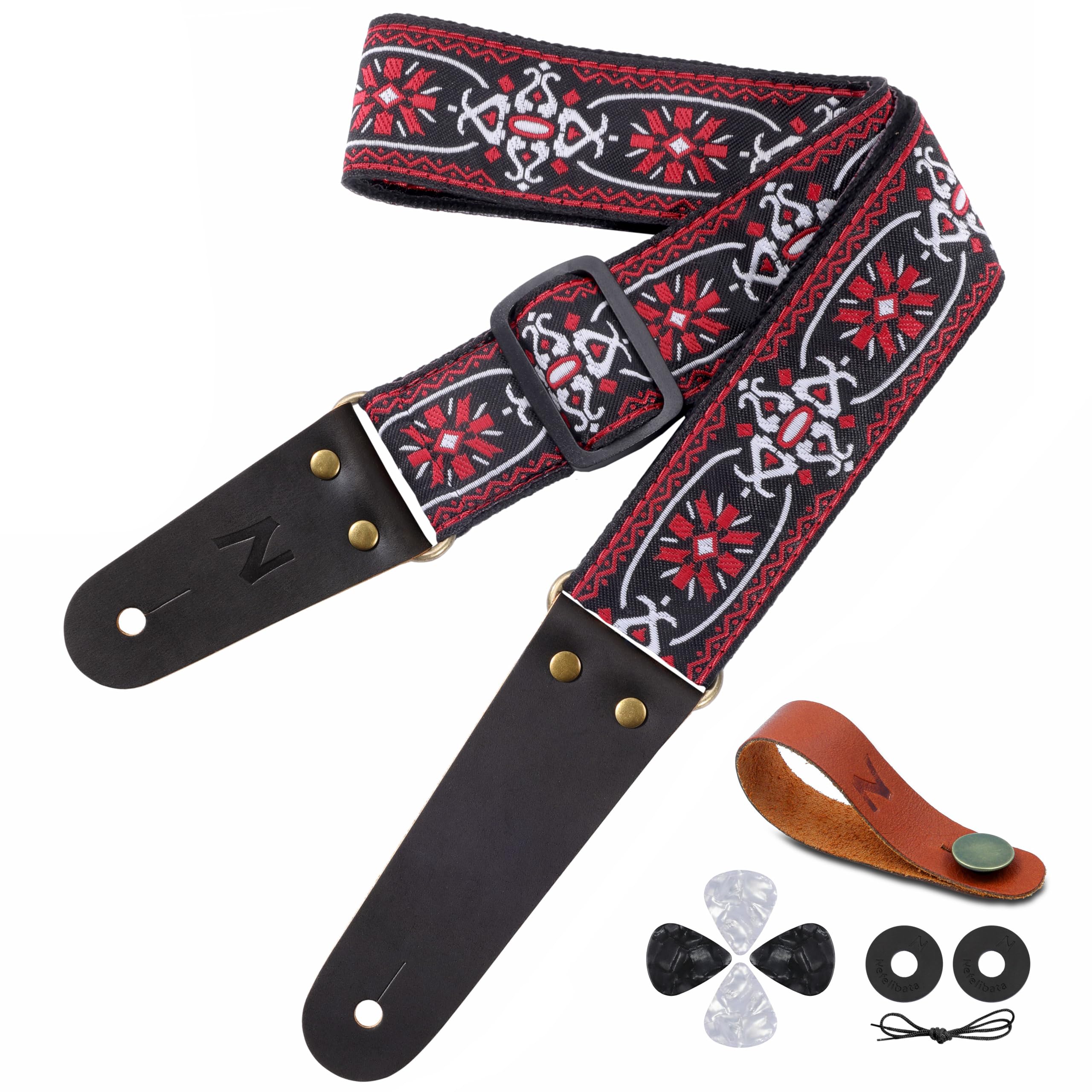 Nefelibata Guitar Strap, Embroidered Cotton Guitar Straps with Genuine Leather Ends for Bass, Electric & Acoustic Guitars, Come with Free Strap Button, 2 Strap Locks and 4 Guitar Picks — image 1
