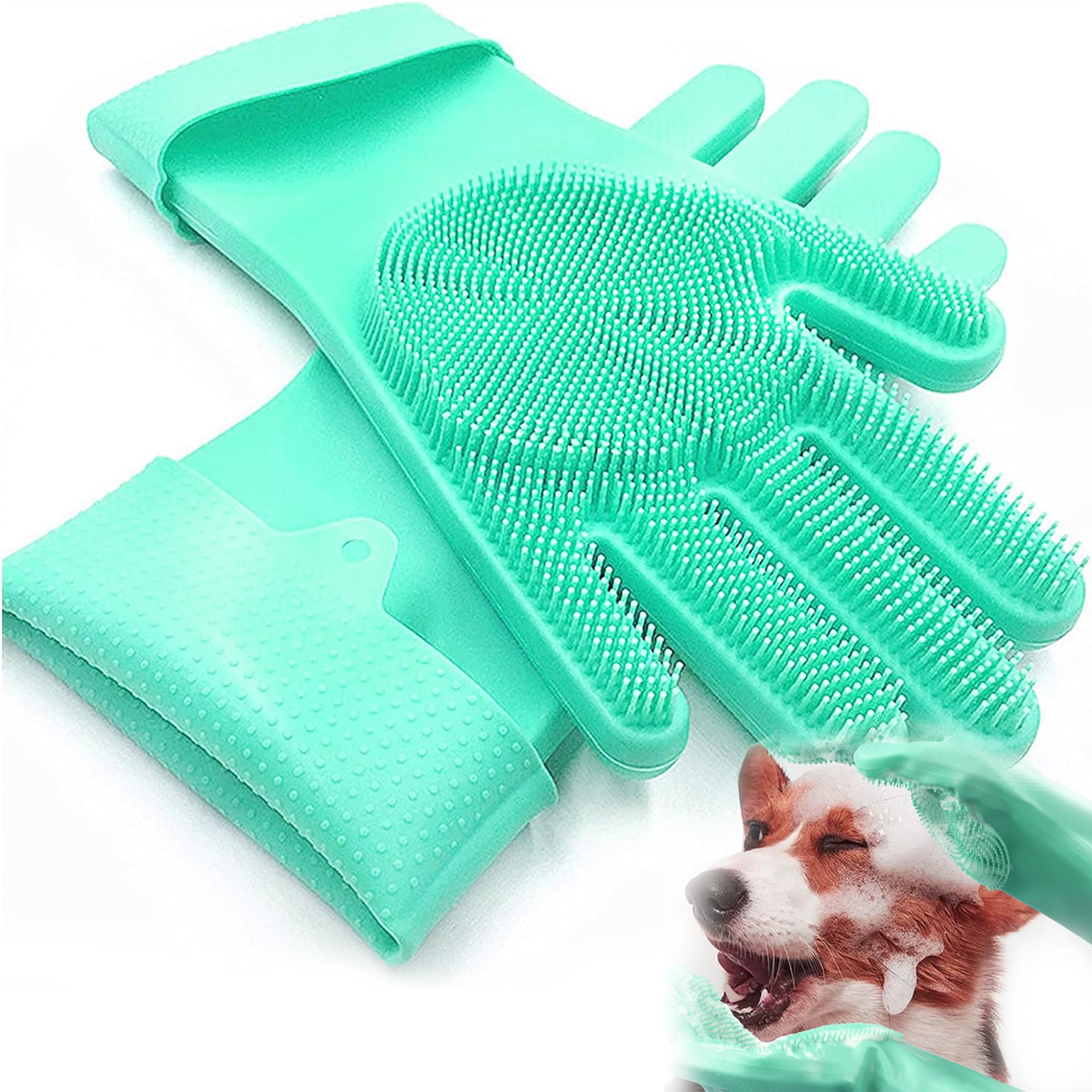 XFLYP Pet Grooming Gloves, Gentle Dog Bathing Scrubber Gloves, Silicone Hair Removal Gloves, Bathing and Massaging for Dogs and Cats, Hanging Hole Design (Green)