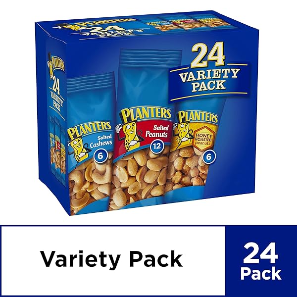 PLANTERS VARIETY PACKS (SALTED CASHEWS, SALTED PEANUTS & HONEY ROASTED PEANUTS), 24 PACKS – INDIVIDUAL BAGS OF ON-THE-GO NUT SNACKS – NO CHOLESTEROL OR TRANS FATS – SOURCE OF FIBER AND HEALTHY FATS