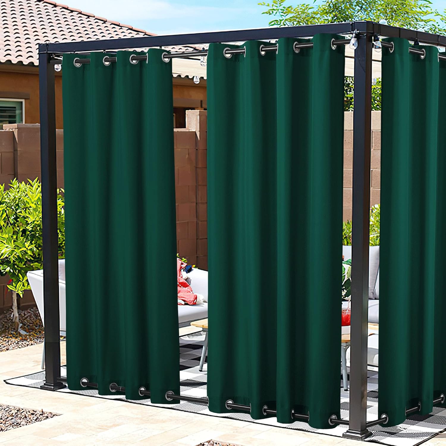 Outdoor Curtains - NICETOWN 2 Panels Patio Outdoor Curtains 95 inch Length, Home Fashion Thermal Insulated Top and Bottom Grommet Indoor Outdoor Privacy Drapes for Terrace, Hunter Green, W55 x L95