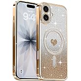 Lafunda Magnetic for iPhone 17 Case Glitter, Cute Love Heart Plating Luxury Sparkle Bling Clear Cover for Women Girls Silicone Anti-Scratch Camera Protection Shockproof Phone Case for iPhone 17, Gold