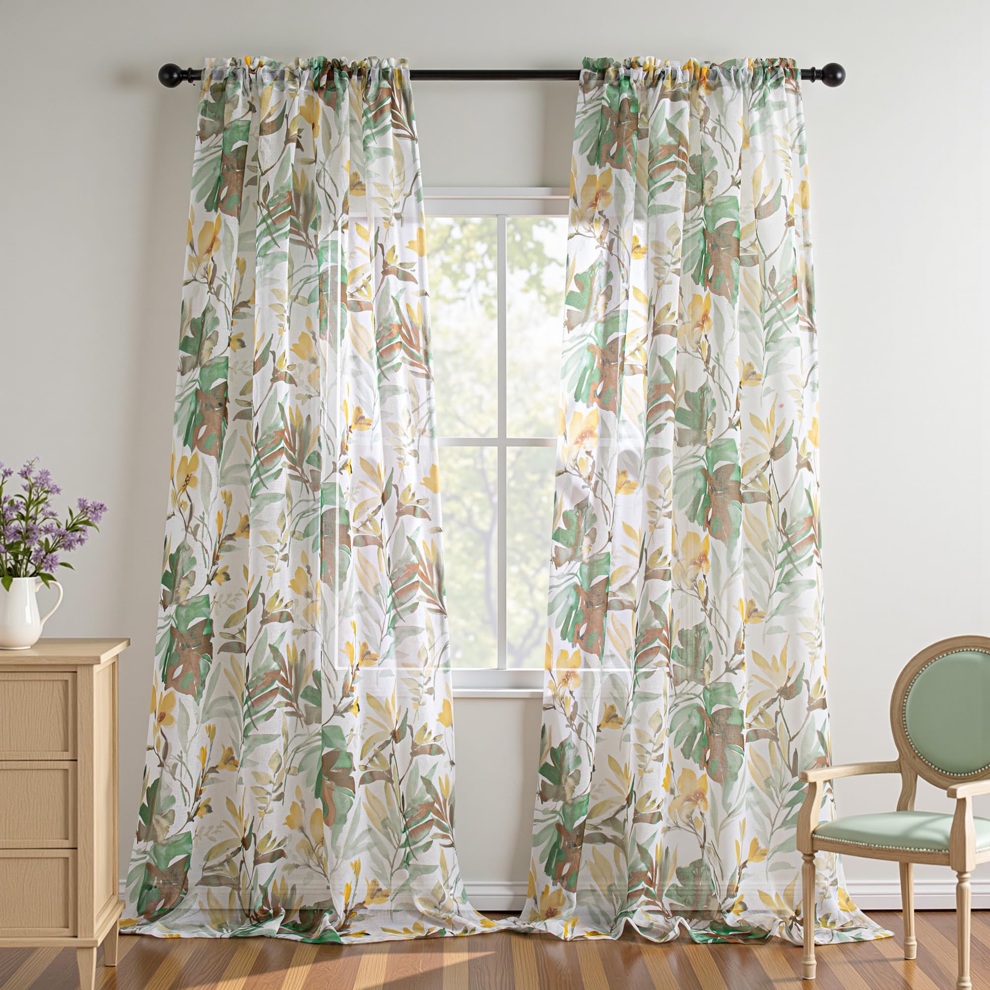 MEETSKY Rod Pocket Sheer Curtains for Living Room Window, Light Filtering Privacy Semi Sheer Yellow Curtains for Sliding Door 95 Inch Length 2 Panels, Each 52 Inch Wide Image