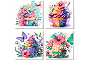 MOGTAA 4 Pack Framed Paint by Numbers Adult Kit, DIY Cake Paint by Numbers for Adults on Canvas Framed, Peinture a Numero Adu