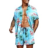 COOFANDY Men's Hawaiian Matching Set Summer Beach 2 Piece Outfits Flower Button Down Shirts and Shorts Vacation Outfits