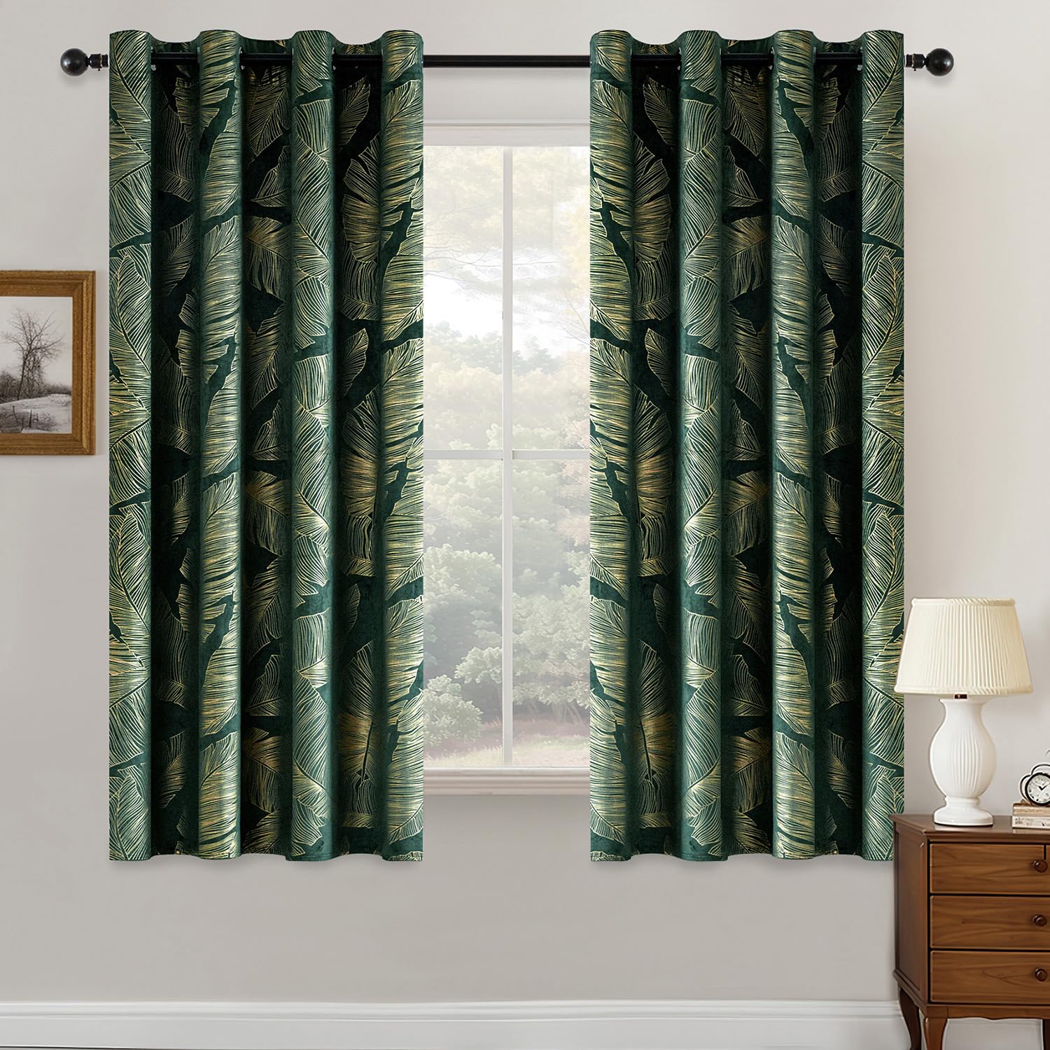 MIULEE Velvet Curtains with Gold Foil Leaves Pattern, 2 Pieces Dark Green Velvet Curtains with Eyelets, Each 46 x 54 Inch, Room Darkening Curtain Drapes for Classical Living Room Bedroom