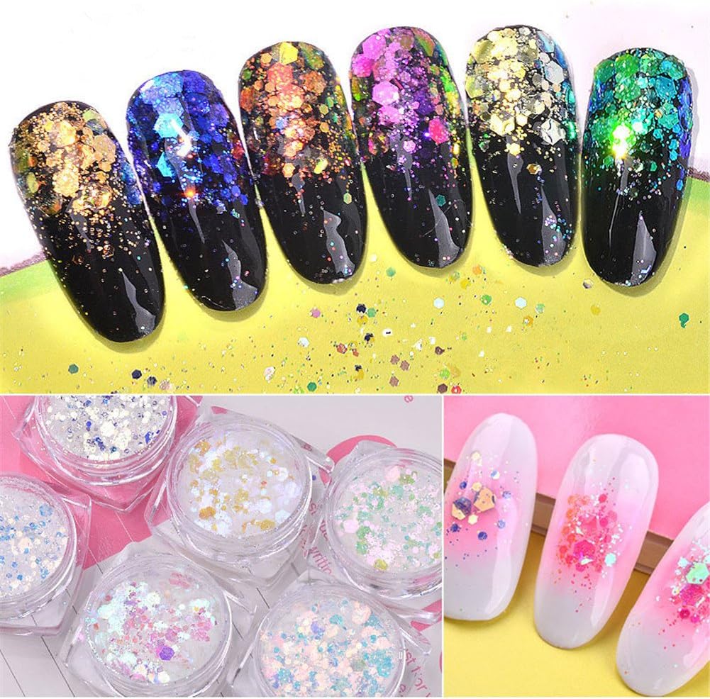 6 Boxes Colorful Hexagon Acrylic Glitter Holo Chameleon Nail Sequins Shining Flakes Glitter Flakes Paillette Tips Nail Art Decoration 1g