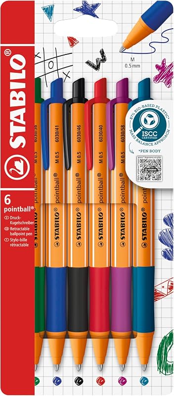 pointball - Stylo bille - Pochette x 6 stylos bille rechargeables - Coloris assortis