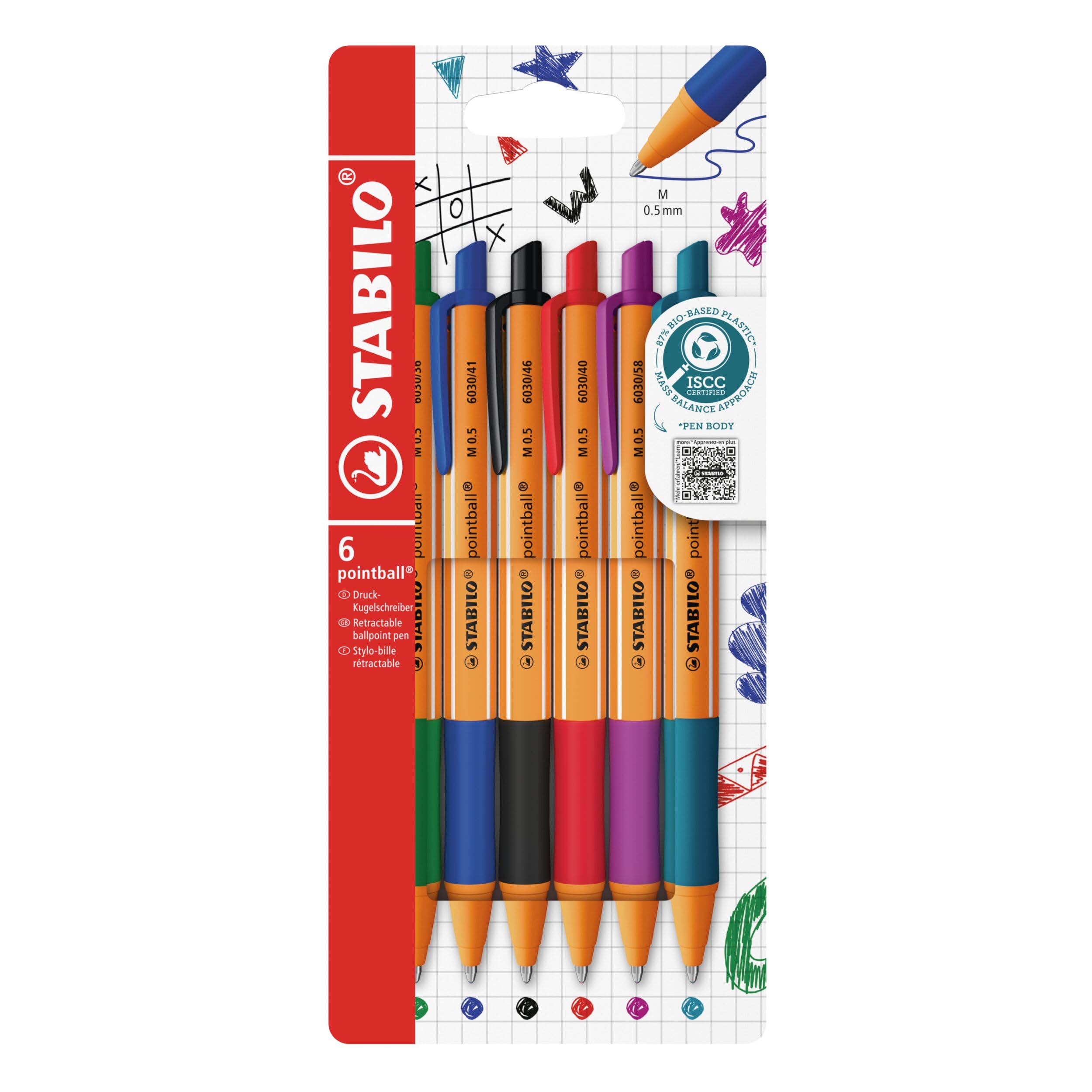 STABILO pointball - Ballpoint Pen - Pack of 6 - Red, Blue, Black, Green, Turquoise, Lilac
