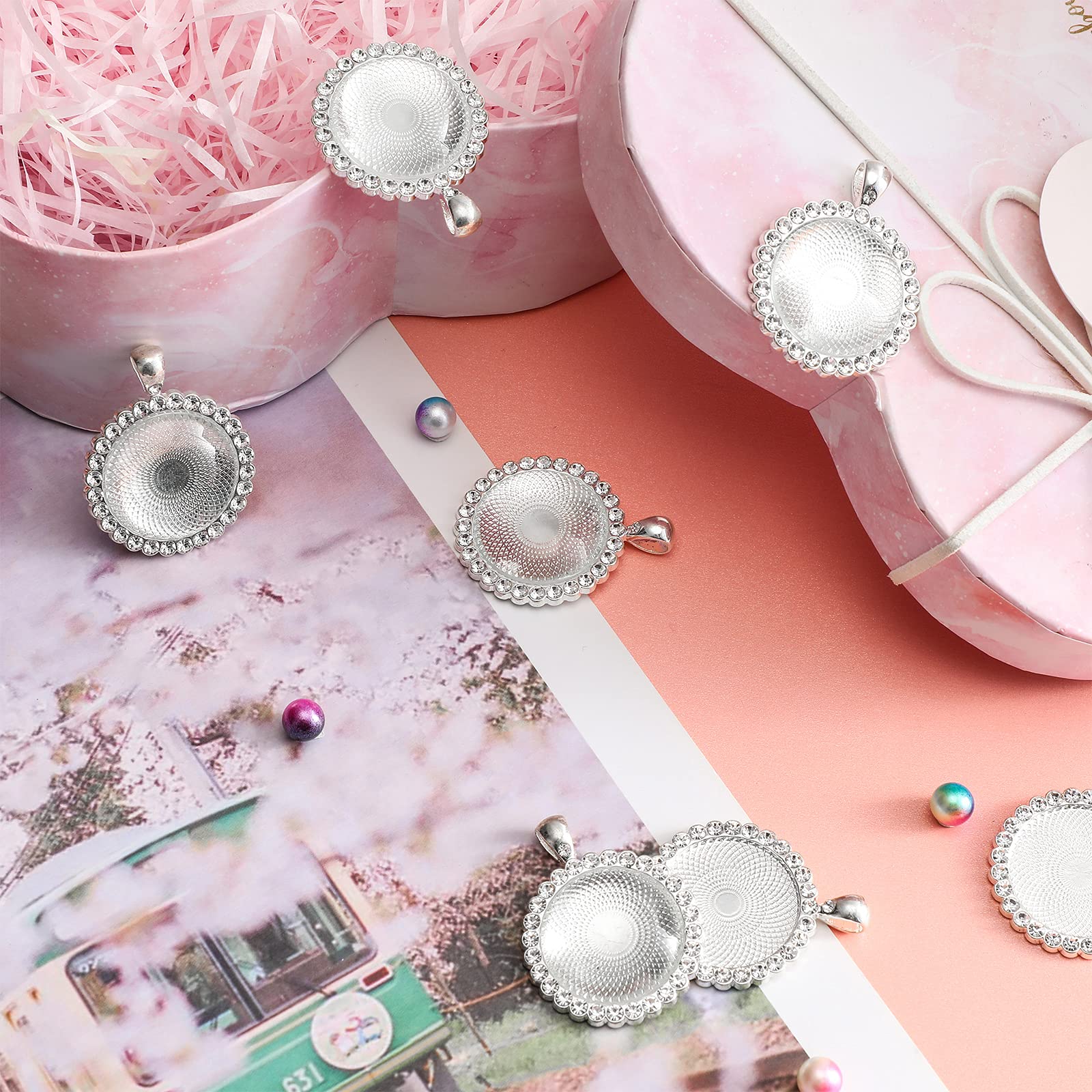 Hicarer 32 Pcs Sublimation Necklace Blank Round Rhinestone Bezel Pendant Trays Set with Glass Domes Sublimation Blank Discs Double Sided Adhesive Tape for DIY Wedding Birthday Graduation Jewelry Gifts