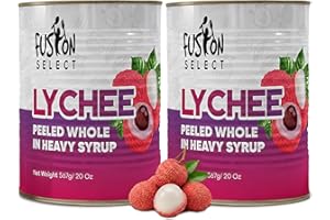 Fusion Select 2 Packs Canned Lychees in Syrup - Ready to Serve Canned Lychee Fruit - Peeled Whole in Heavy Syrup - For Bubble Tea, Boba Topping, Desserts, Garnishes, Fruit Salad - 20oz