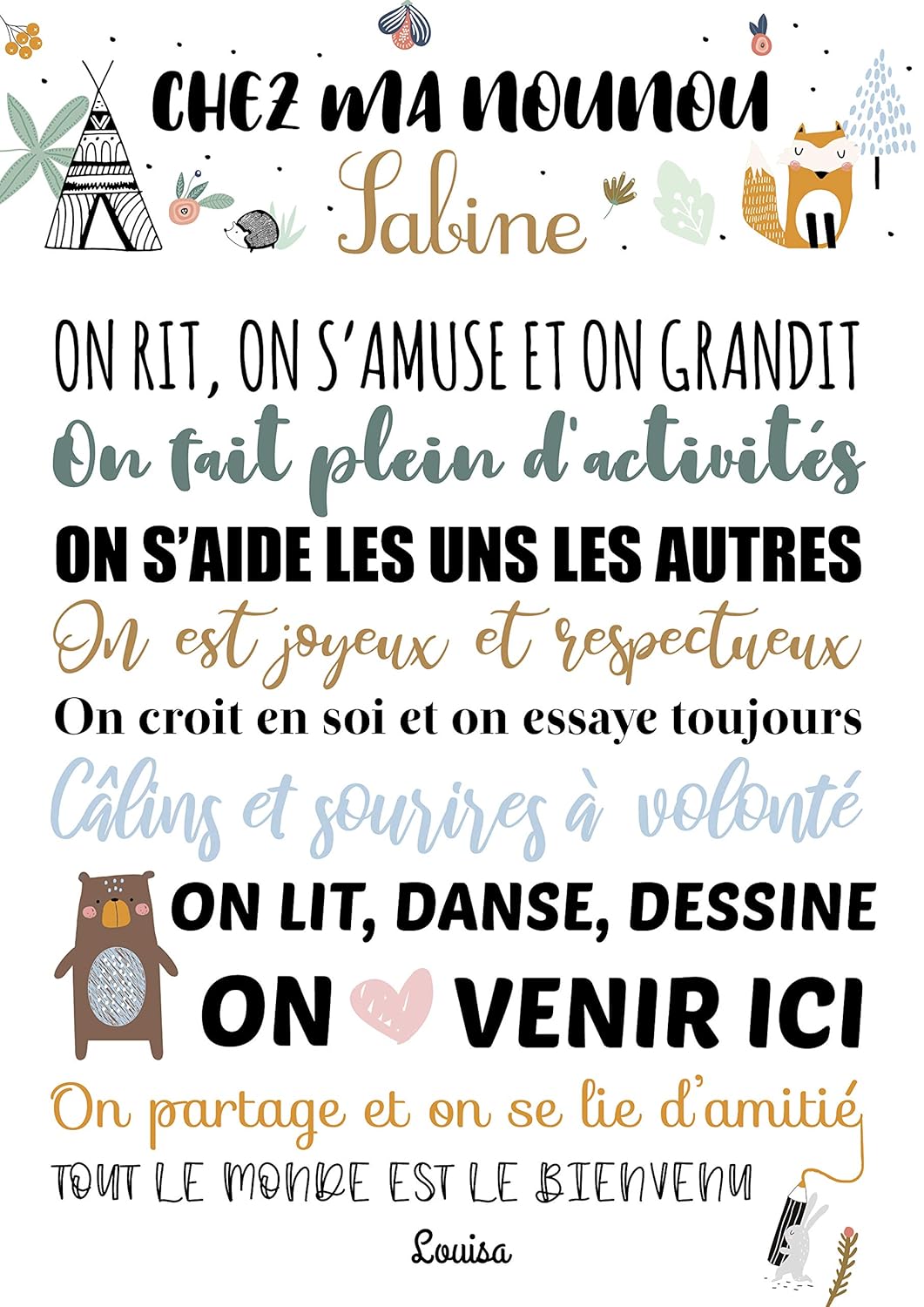 Affiche Chez Ma Nounou Pour Un Cadeau De Fin Dannee Unique A Personnaliser Avec Le Nom De La Nounou Ou Astem De Votre Enfant Collection Foret Produits Handmade Bebe Et Puericulture