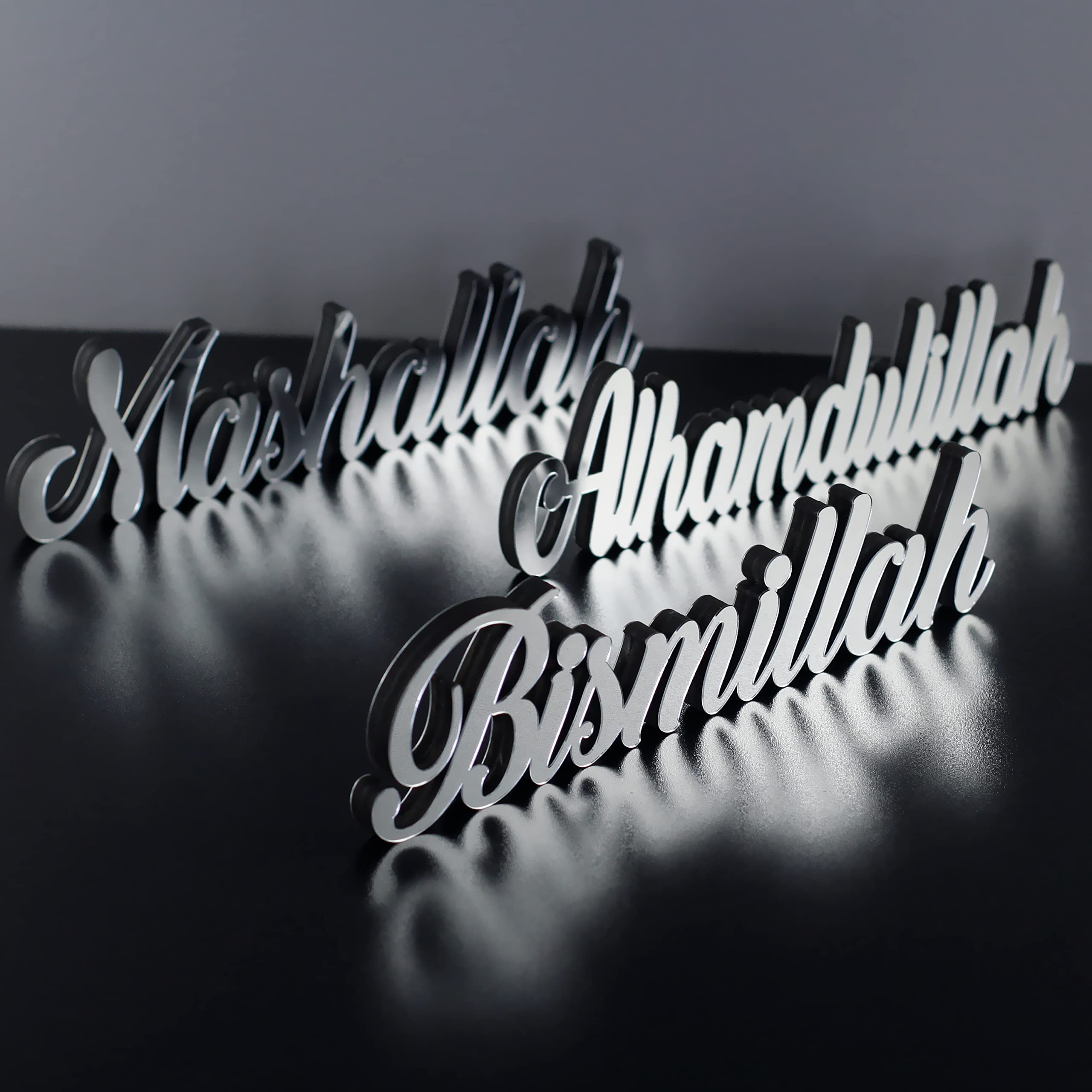 iwa concept Bismillah, Alhamdulillah, Mashallah Free Standing Wooden Decors with Shiny Acrylic Finish (Set of 3, Silver)