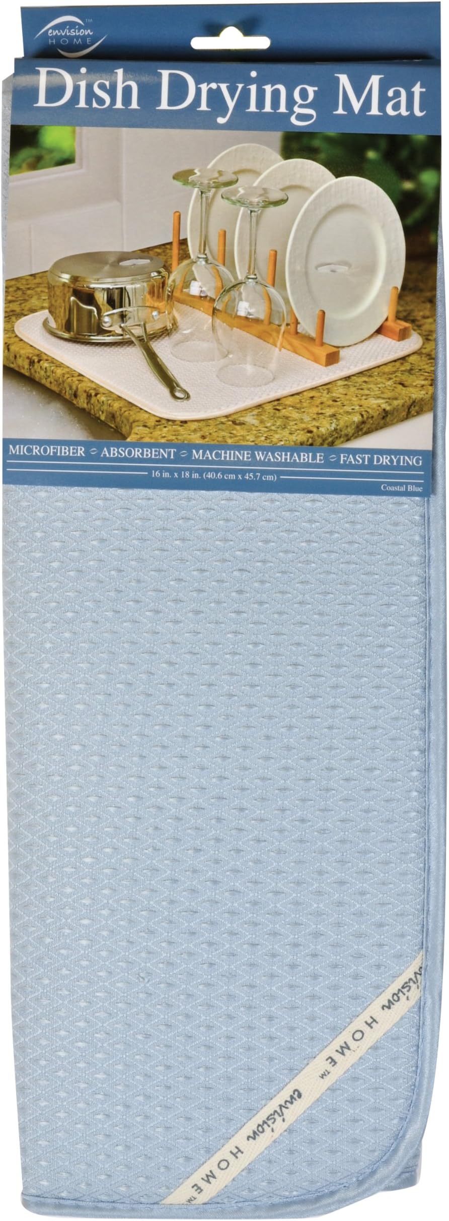 Envision Home Microfiber Dish Drying Mat, 16 by 18-Inch, Coastal Blue