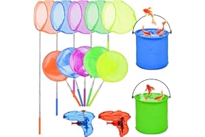 ABITONCC 14Pack Kids Telescopic Butterfly Nets Foldable Buckets and Kids Water Gun Set Colorful Fishing Bugs Nets Outdoor Tools for Kids Catching Insect Net Extendable Anti Slip Grip Fishing Nets