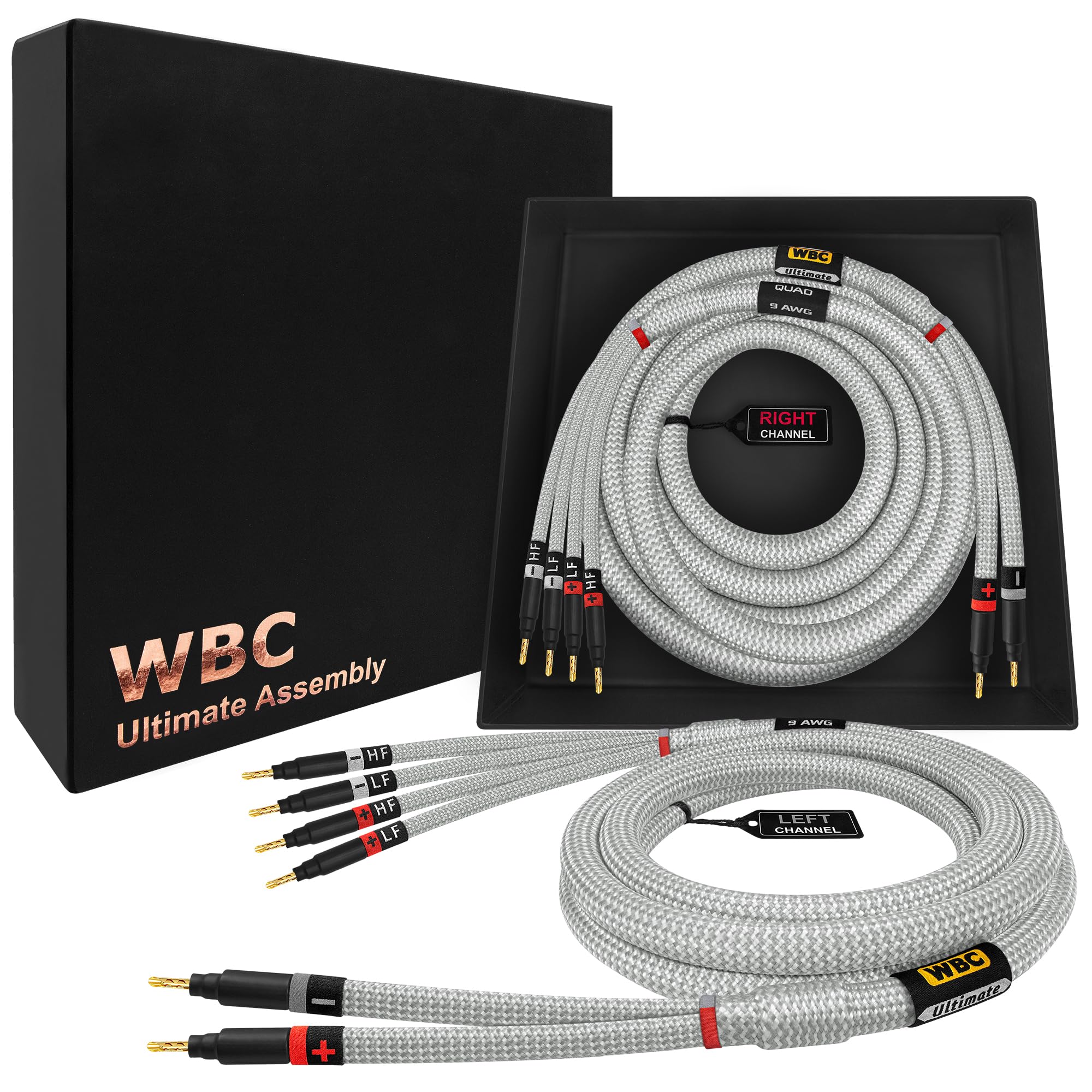 WORLDS BEST CABLES 3.5 Meter ULTIMATE - 9 AWG - Ultra-Pure OFC - Premium Audiophile HiFi Bi-Wire Speaker Cable Pair with Eminence Gold Banana Plugs & Silver Tweed Jacket