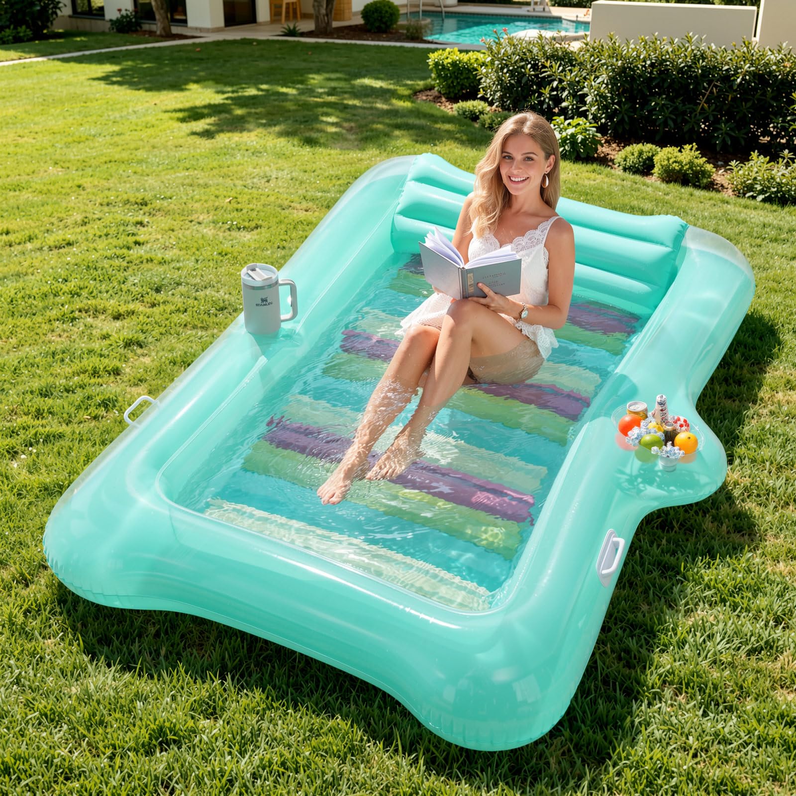 MoKo Pool Floats Adult, 82" x 50" Large Floating Bed with Ice Bar, Tanning Bed Pool Raft Inflatable Lounger with Drink Holder Tanning Chair Inflatable Pool Toys for Backyard, Transparent Mint Green
