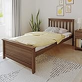 Max &amp; Lily Twin Bed Frame with Slatted Headboard, Solid Wood Platform Bed for Kids, No Box Spring Needed, Easy Assembly, Walnut