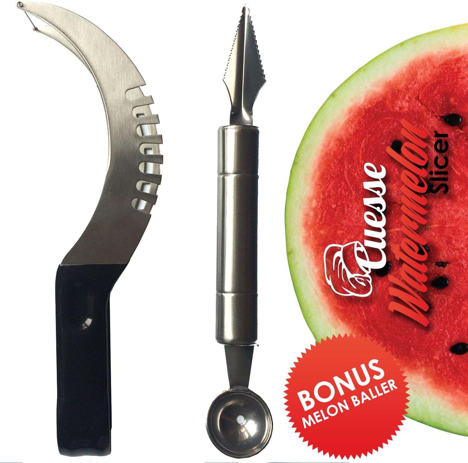 Cuesse Watermelon Slicer Corer & Server โ Stainless Steel Huller & Ergonomic PVC Handle โ Create Edible Arrangements Fruit Baskets, Fruit Snacks or Fruit Salad โ Kid Friendly Home Kitchen Tool
