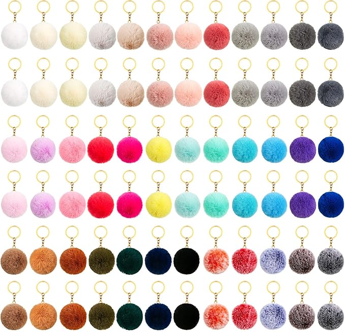 72 Pieces Colorful Pom Poms Keychains Faux Fur Fluffy Ball