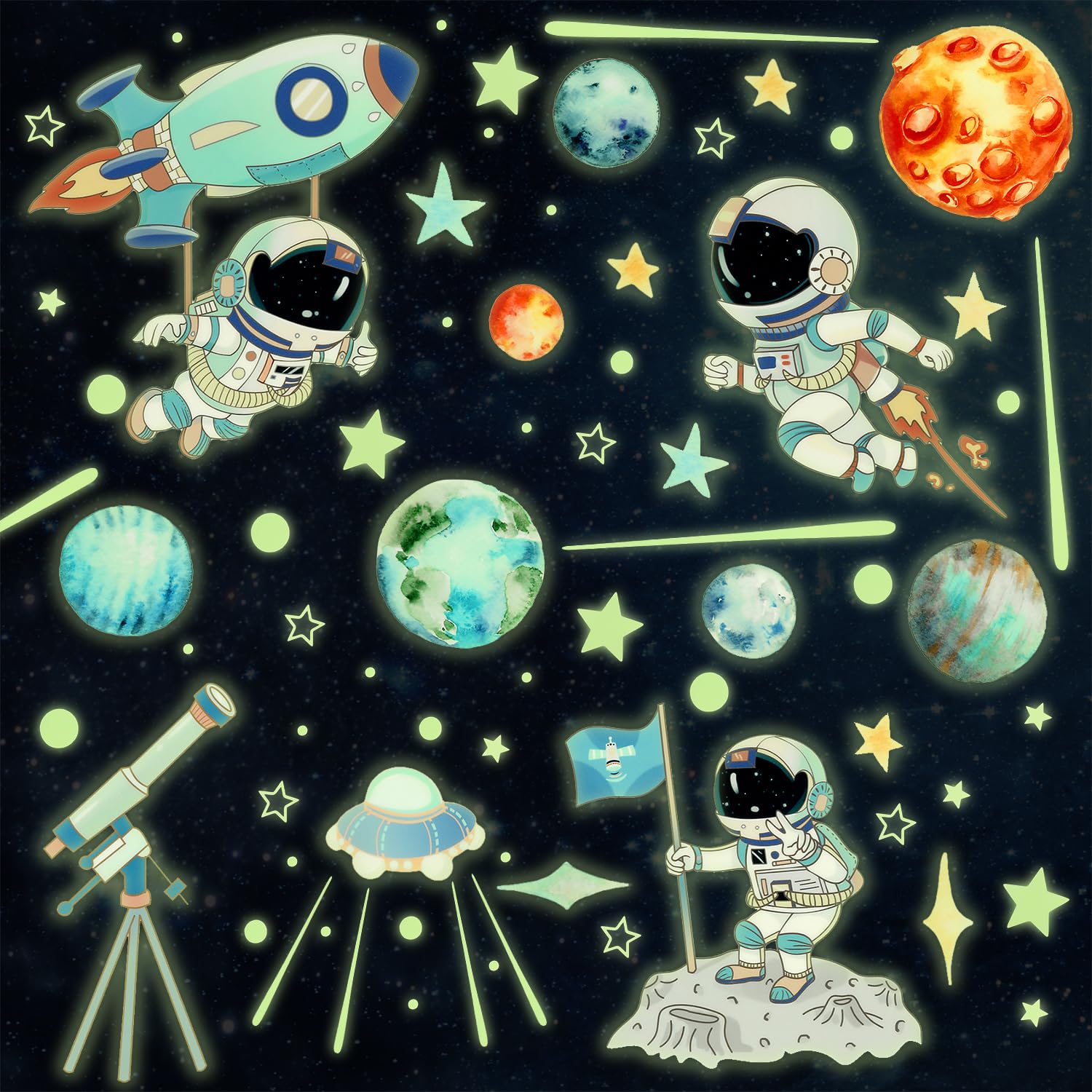 Glow in The Dark Outer Space Wall Sticker, Luminous Astronaut Wall Stickers Solar System Galaxy Astronomy Stars Planets Saucer Telescope Meteor Sticker for Kids Bedroom Play Room Ceiling Decor