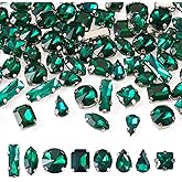 FASHEWELRY 80Pcs Emerald Sew on Rhinestones Green Faceted Glass Rhinestones Mixed Shapes Sew on Crystal Gems with Metal Claw for Jewelry Crafts Clothes Shoes Costume Garment