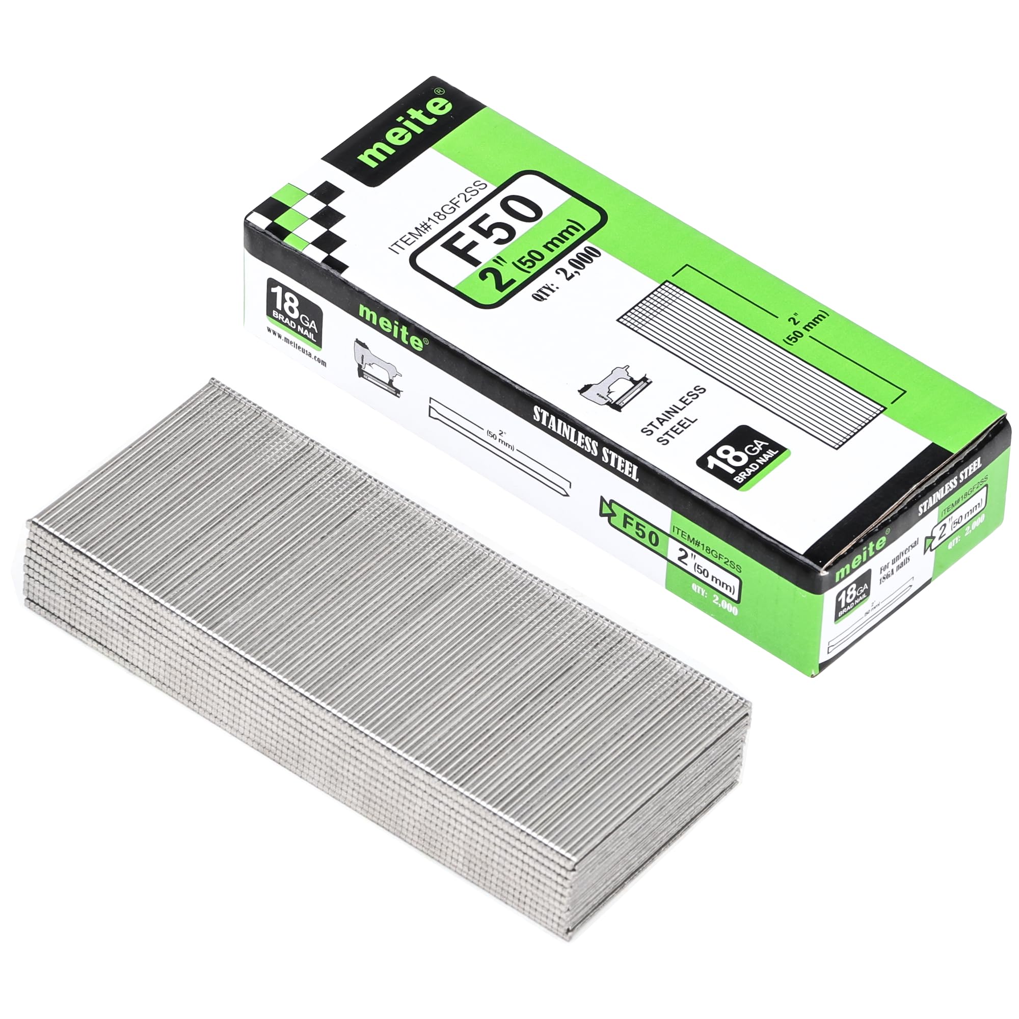 meite 18 Gauge Stainless Steel Brad Nails, Type 18G / 50 mm 18GA Brad Nails, 304 Stainless Steel Small Finishing Nail Gun Nails for Pneumatic, Electric Brad Nailer Gun (2,000 Counts)