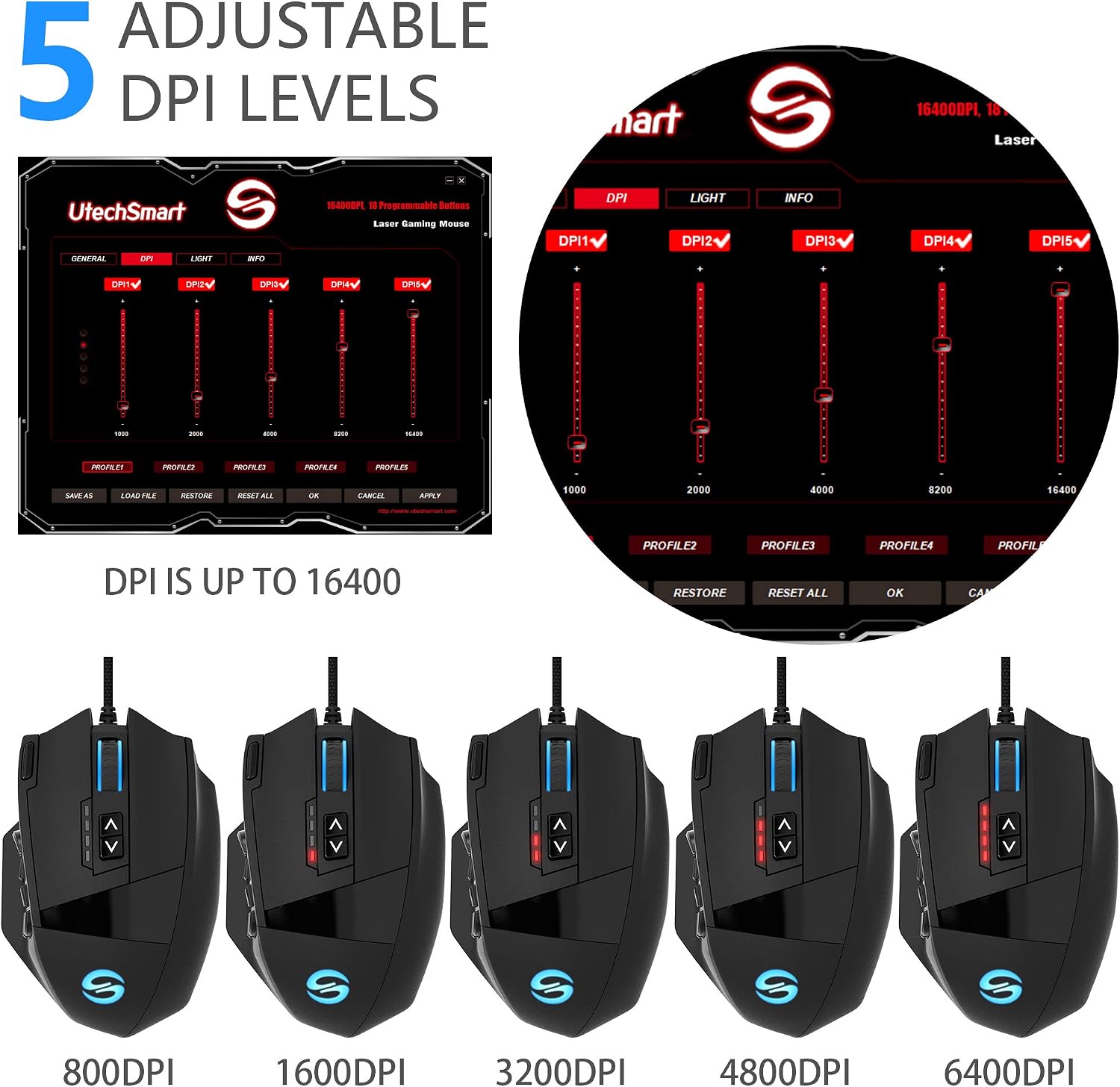 UtechSmart Venus 16400DPI High Precision Laser RGB Gaming Mouse, Programmable Buttons, Breathing Light, Ergonomic Optical - Image 3
