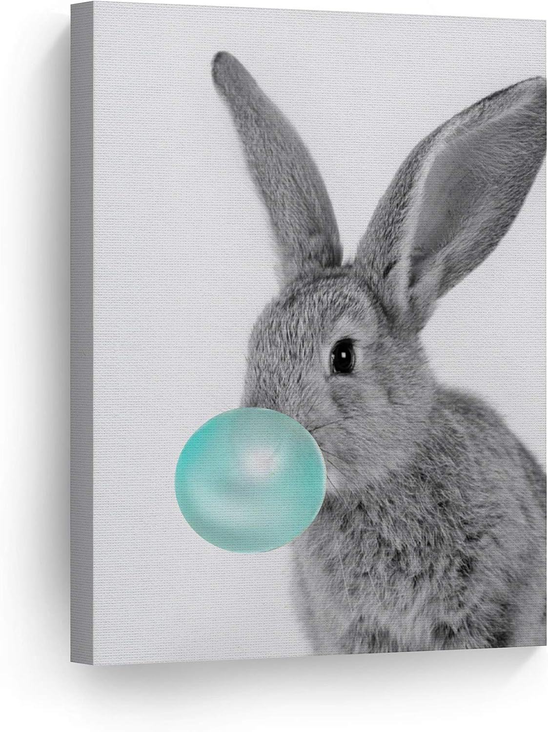 Smile Art Design Bunny Rabbit Animal Bubble Gum Art Teal Blue Canvas Print Black and White Wall Art Home Decoration Pop Art Living Room Kids Room Decor Nursery Ready to Hang Made in The USA 12x8