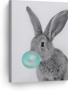 Smile Art Design Bunny Rabbit Animal Bubble Gum Art Teal Blue Canvas Print Black and White Wall Art Home Decoration Pop Art Living Room Kids Room Decor Nursery Ready to Hang Made in The USA 12x8