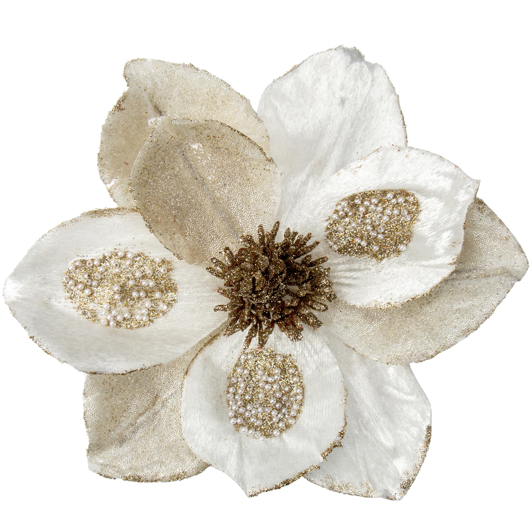 Briful 3-Pack 10" Glitter Magnolia Artificial Flower Stem Large White Magnolia Flowers for Christmas Tree Decorations Artificial Christmas Flowers Arrangements for Xmas Decorations
