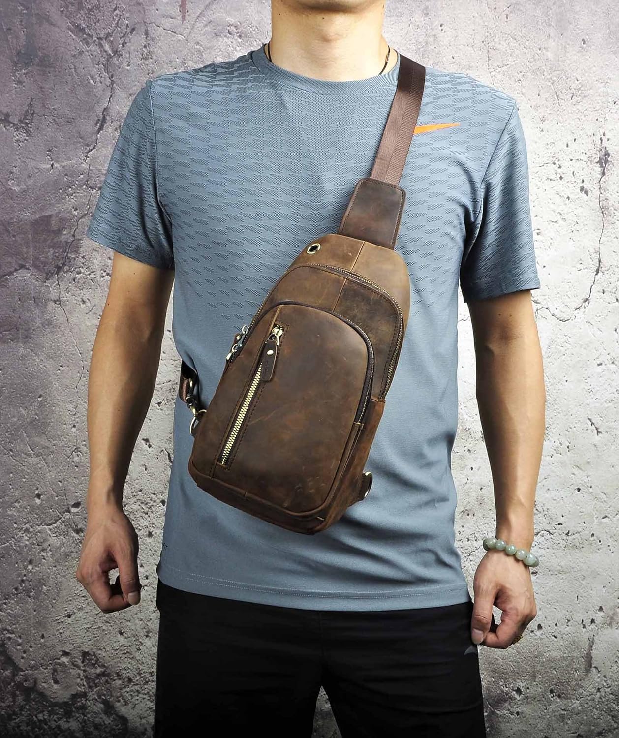 Le’aokuu Herren Echtes Leder Brusttasche Crossbody Bag Sling Bag Schultertasche Gurteltasche Umhängetasche Rucksack Brustbeutel Für Outdoor Sport Reisen (0 Braun) - Image 3