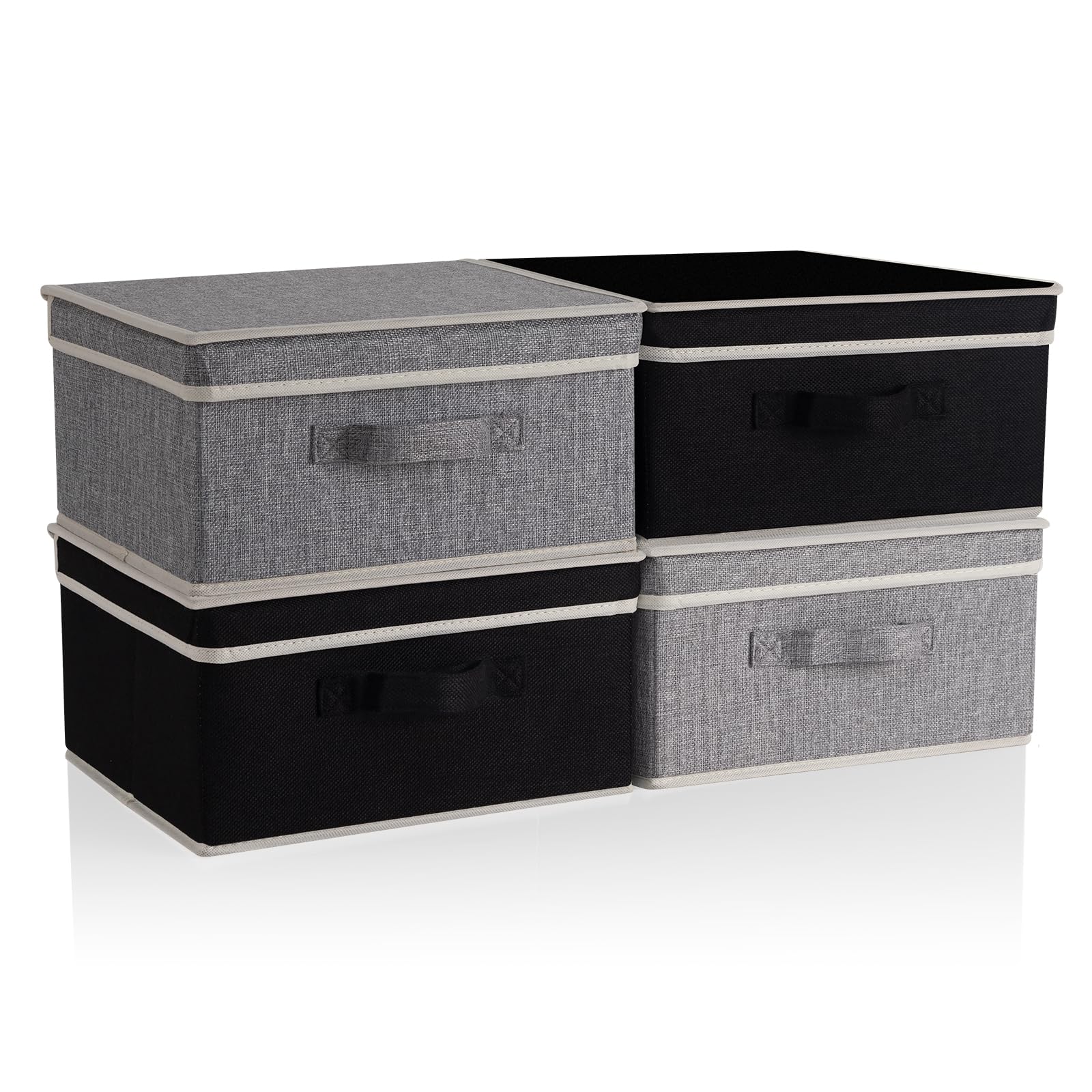 BrilliantJo Storage Boxes with Lid, Foldable Clothing Storage Basket case with Handle for Closet, Bedroom, Home, 33.5L x 31.75W x 17.5H(cm) Grey+Black