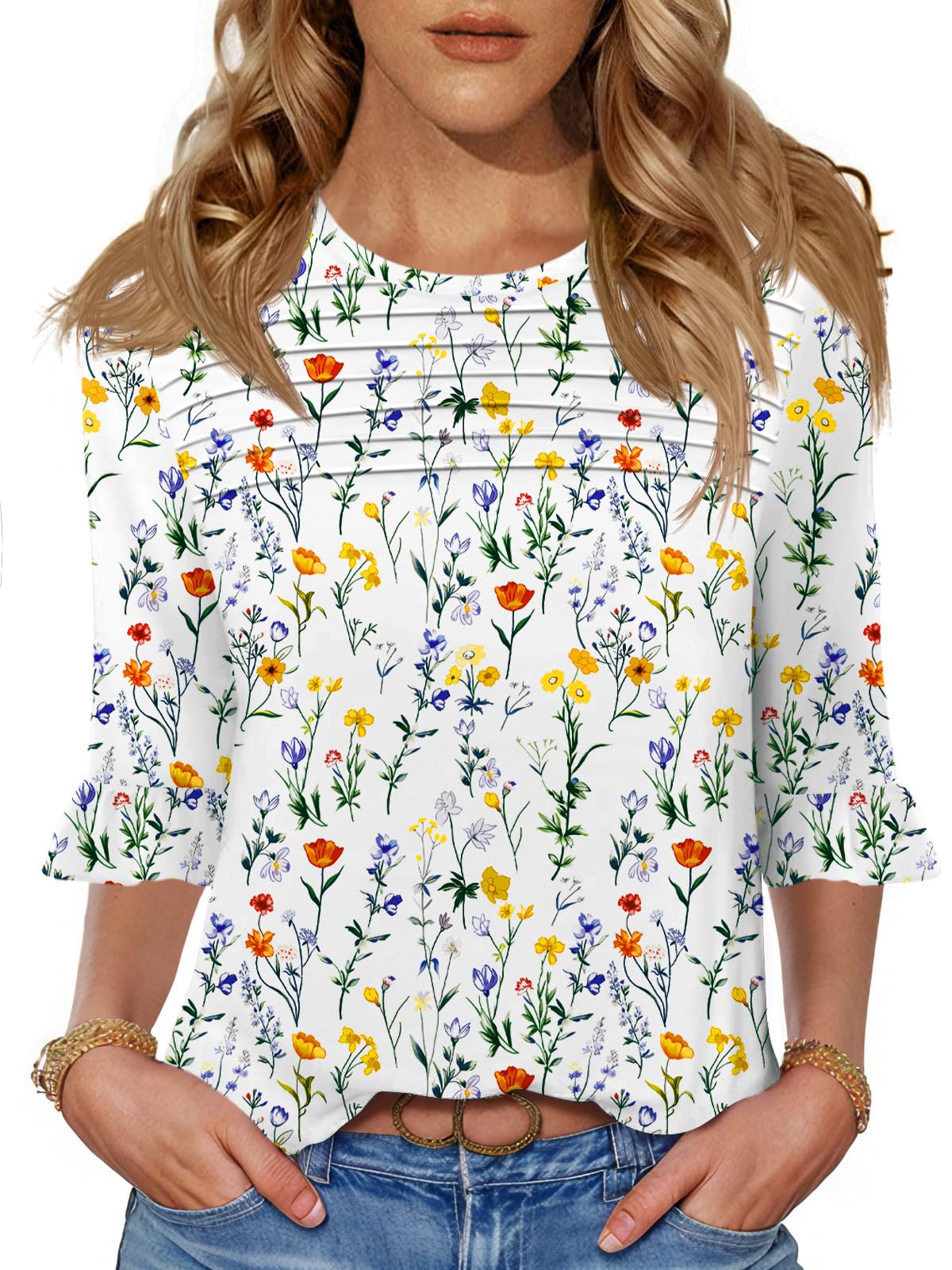 Photo 1 of Blingfit Spring Blouses 3/4 Lenght Sleeves for Women Trendy Womens Work Tops Ruffled Flutter Sleeve Shirts Boho Print Large L