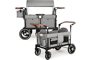TODEFULL Wagon Stroller for 2 Kids, Foldable Kids Wagon Cart Featuring with Harnesses, Adjustable Double Push Handle, Removable Canopy, Snack Tray, Large Storage Bag, Gray