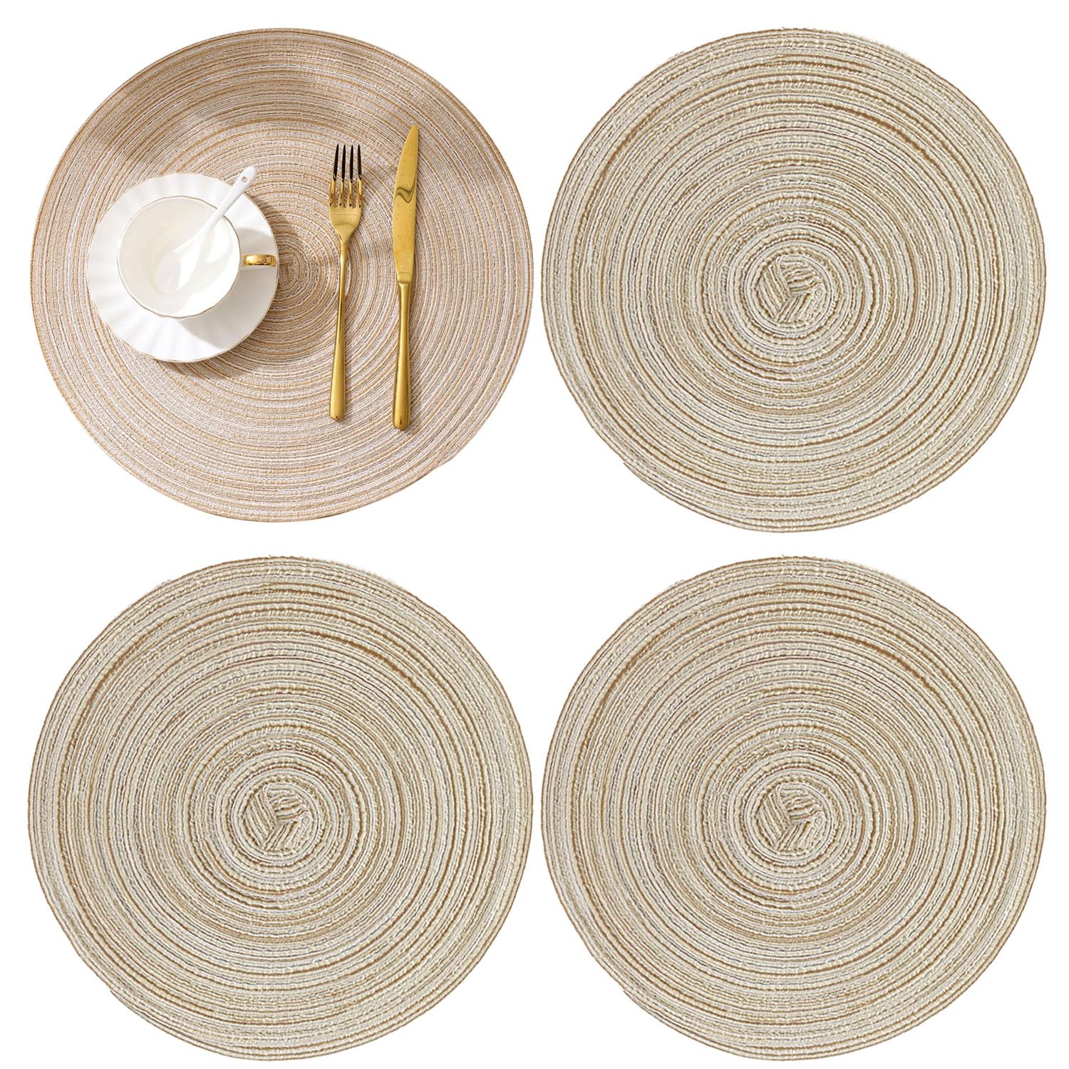 Photo 1 of 12 Inch Round Braided Placemats Set of 4,Washable Heat Resistant Cotton Polyester Circle Place Mats for Kitchen Dinner Party Table Decoration (Beige Large Size)