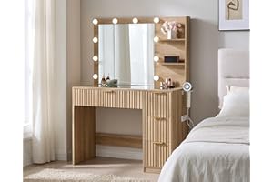 AMERLIFE 36.2" Fluted Vanity Desk with Mirror and Adjustable LED Lights, Large 4 Drawers Makeup Table with Glass Top and Charging Station for Women and Girls, Bedroom or Dorm, Natural Oak