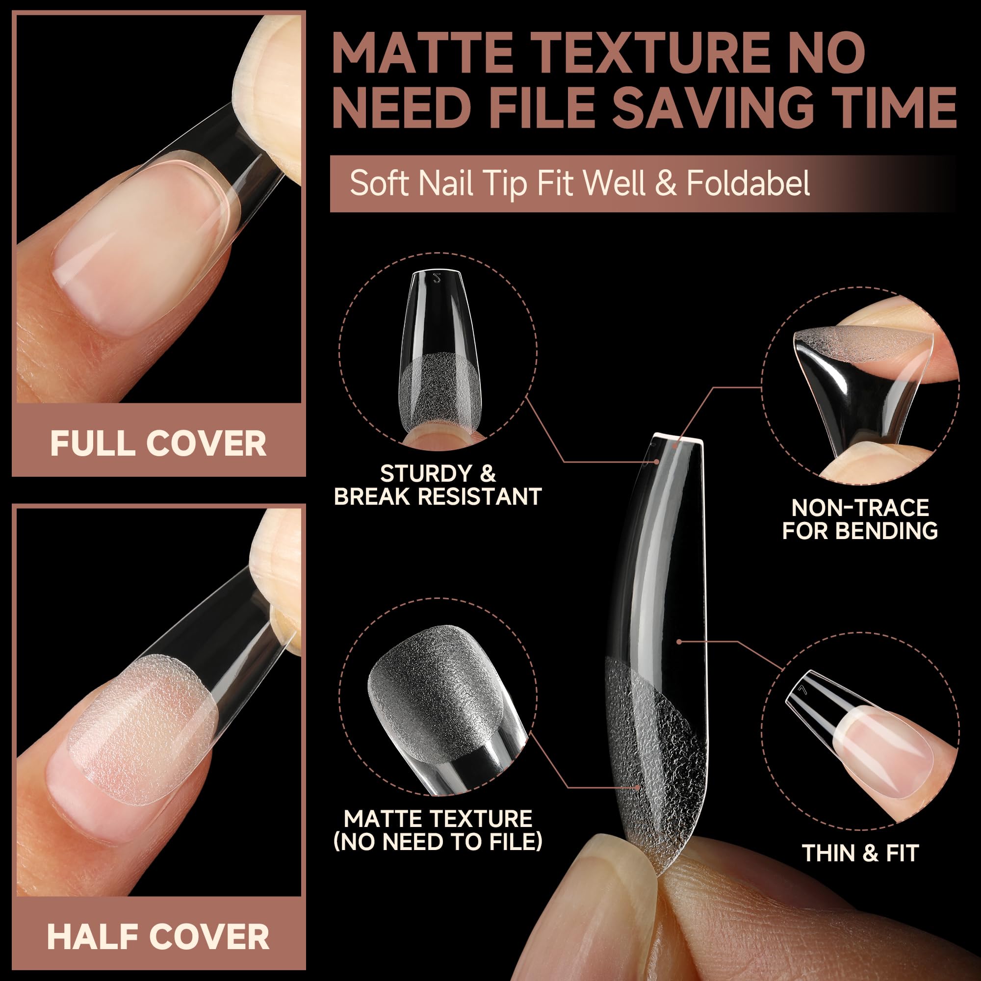 UNA GELLA Medium Coffin Nails Tips 504pcs - Gel Nail Tips Coffin Acrylic Full Cover Pre-buff Soft Gel Nail Tips Half Matte For Nail Extension Home DIY Salon 12 Sizes - Image 4