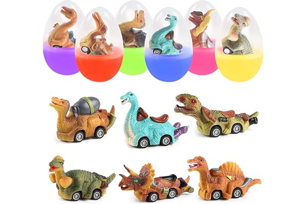 Cherislpy 6 Pack Jumbo Eggs with Dinosaur Pull Back Cars Toys Inside for Kids Boys Toddlers Easter Basket Stuffers Party Favo