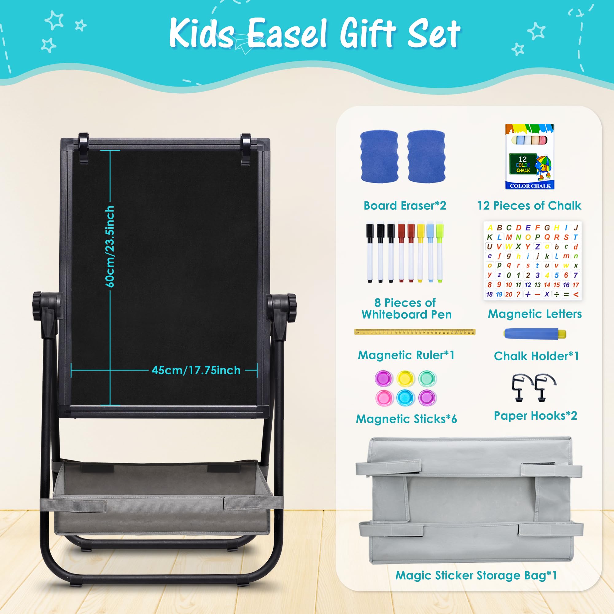 WEYOUNG Kids Easel for Toddlers, Adjustable Standingg Metal Toddler Whiteboard & Chalkboard, Magnetic Art Easel for Kids Age 2-4 4-8 9-12, Black