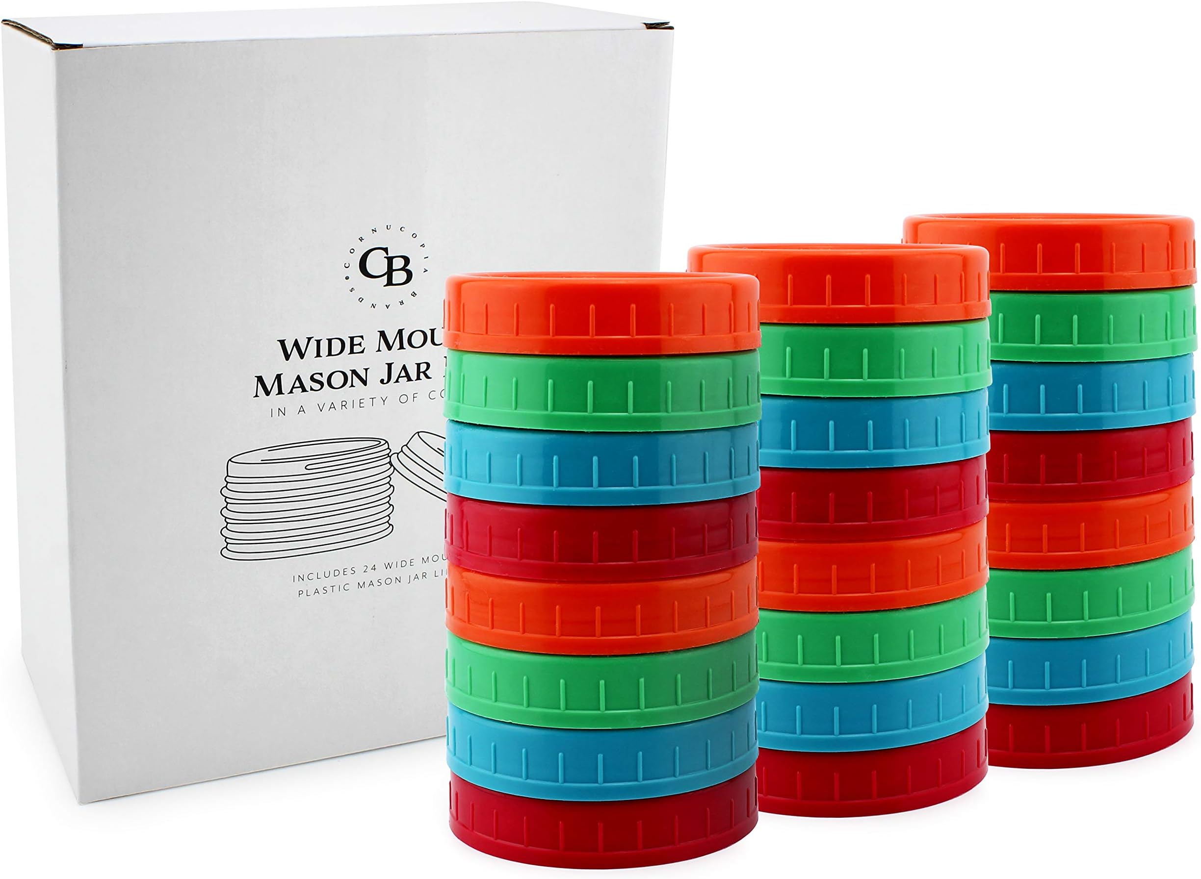 Cornucopia Colored Plastic Mason Jar Lids (Wide Mouth, 24-Pack, Unlined); Multicolored Economy Bundle of Large Mason Jar Caps 86-450 Size, BPA-Free