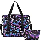 Travel Duffel Tote Bag Neon Purple and Bats Stars and Moons Sports Duffel Bag with Wet Pocket Weekender Overnight Bag for Women Men Gym Bag, Carry On Bag Hospital Bag for Labor and Delivery