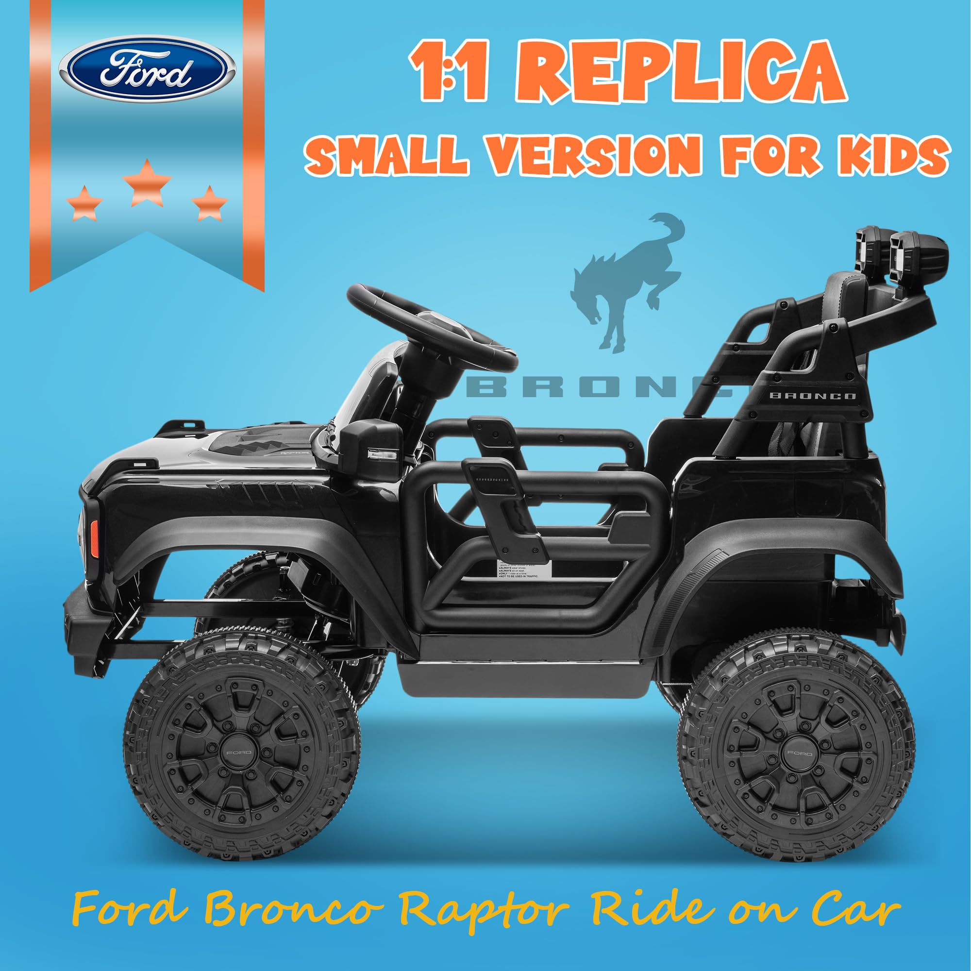 ENYOPRO 12V Licensed Ford Bronco Raptor Ride On Truck Car for Kids, Electric Play Car Ride-On Toy w/Parent Remote Control, 4-Wheel Suspension, Bluetooth Music, LED Lights, Ideal Kids Car Gift (Black)