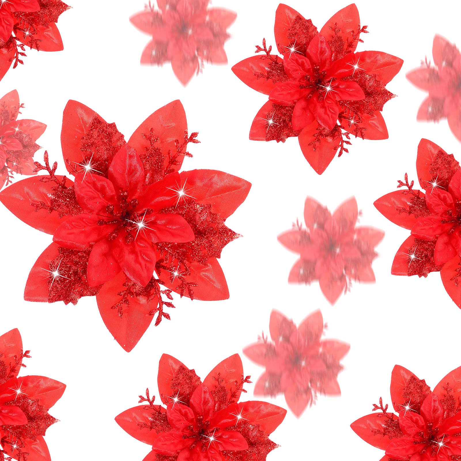 Geosar 24 Christmas Glitter Artificial Poinsettia Flowers Xmas Poinsettia Artificial Wedding Flowers Decorations Xmas Tree Ornaments with Clips for Party Favors, 6 Inch, 4 Inch, 3 Inch (Red)