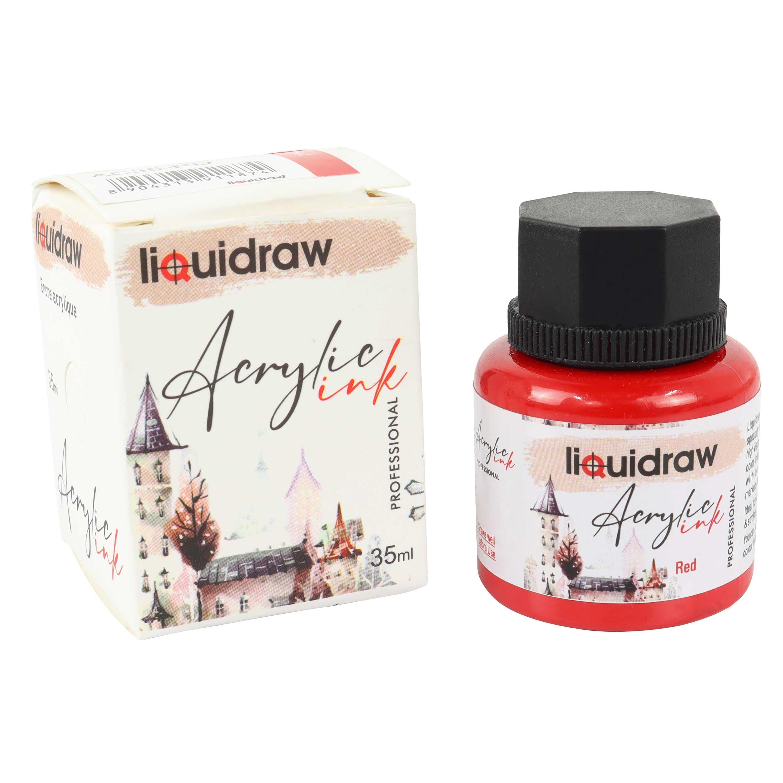Liquidraw Acrylic Inks for Artists 20 Colours Black White Available Waterproof Ink 35ml Professional for Painting, Drawing, Paints, Art, Brushes, Paper, Board, Canvas, Fabric & Wood (Red)