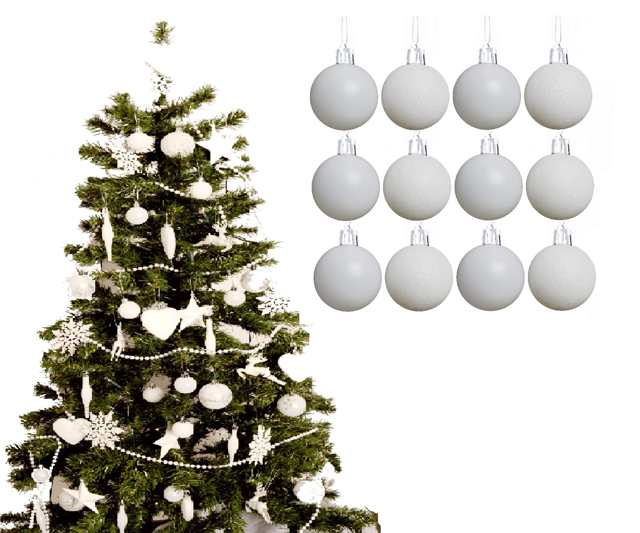 Simply Products Christmas Baubles 3.8cm - Great Christmas Tree Hanging Ball Decorations, Matte & Glitter Baubles Pack of 12-3.8cm (White Matte & Glitter)