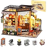 OurMiao Miniature House Kit Julia Bakery, DIY Dollhouse Kit for Adults with Furniture & LED, Tiny House Kit Wooden Craft Gift for Adults Women Teens