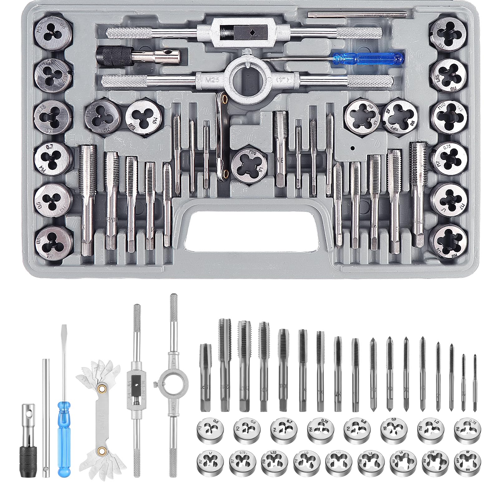 40PCS Metric & SAE Tap and Die Set, Professional Threading Tool Kit, Ideal Gift for Men, Dad, Handyman, DIY Lovers, for Automotive, Mechanical Maintenance,Bicycle & Furniture Repair DIY Metal Working