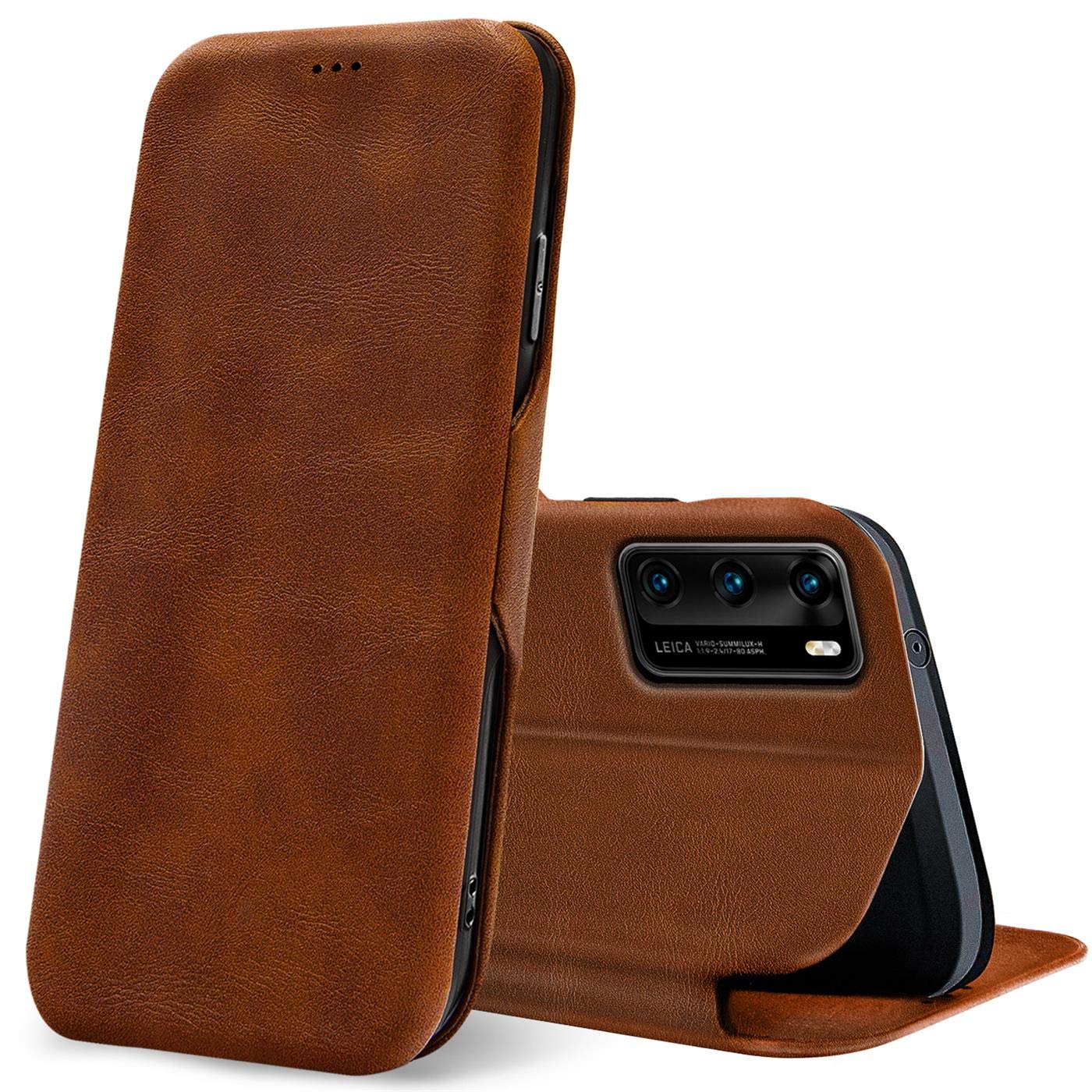 Verco Book Style for Huawei P40 Case, Premium Magnetic Flip Cover for Huawei P40 Wallet Case with Card Slot, Brown