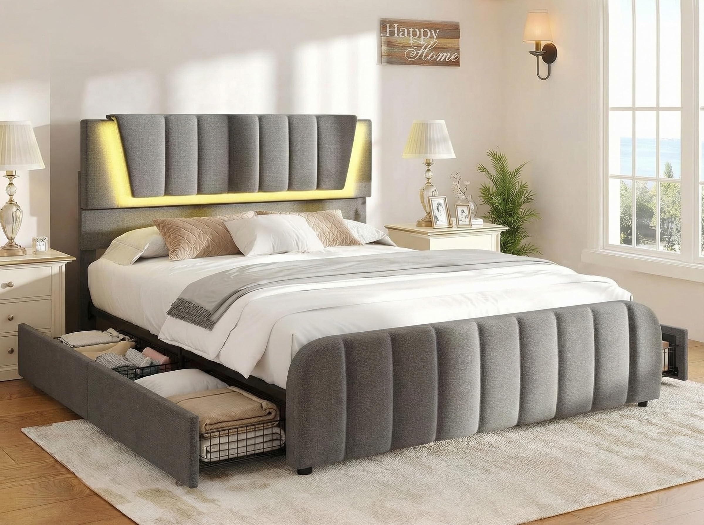 Photo 1 of ** SOLD AS IS NO REFUND/RETURN** SEE COMMENTS 
Decofy Full Size LED Platform Bed Frame with Soft-Glow Mood Lighting & Adjustable Upholstered Headboard, Modern Linen Bed with Storage Drawers, Heavy Duty Metal Support, No Box Spring Needed, Grey