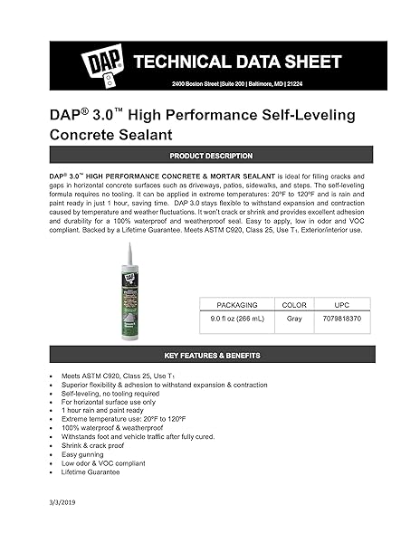 12 PACK DAP 18370 3.0 ADVANCED SELF-LEVELING CONCRETE SEALANT – GRAY 9-OZ CARTRIDGE